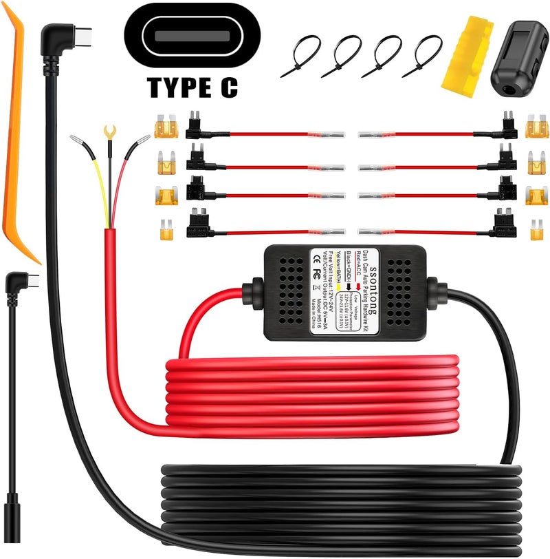 ssontong مجموعة توصيل كاميرا داش كام، مجموعة توصيل ACC لكاميرا داش نوع C 3-رأس توصيل 12V-24V إلى 5V USB-C مع حماية من الجهد المنخفض كابل شاحن بطول 13 قدم لكاشفات الرادار والمزيد - Image 1